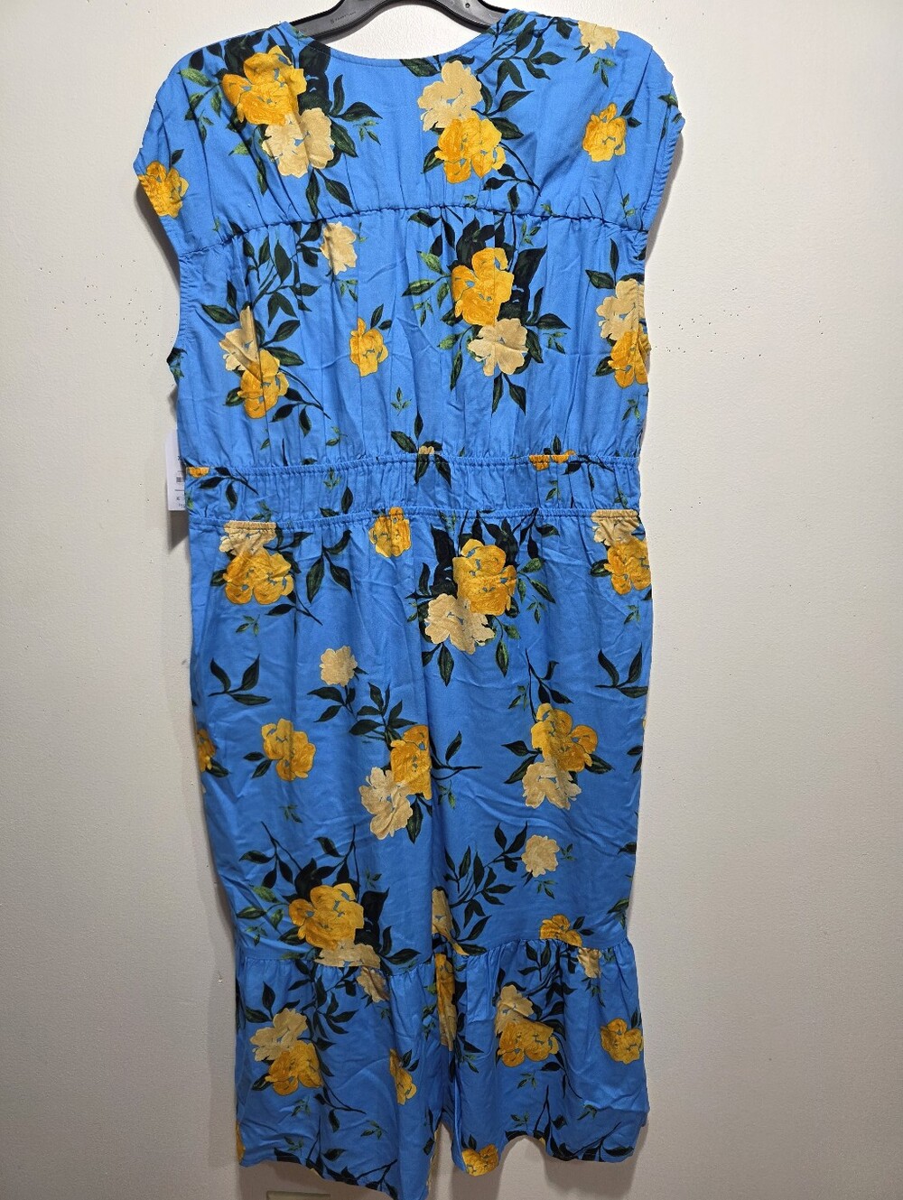 NWT! Time & Tru Blue Floral Midi Dress Plus Size XXXL 22 Yellow Flower Tie Neck - Picture 5 of 6